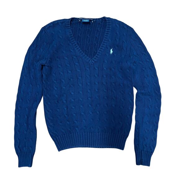 Ralph Lauren Sport Women's Sweater V-neck Navy Cable Knit Size Medium Vintage - Picture 1 of 6